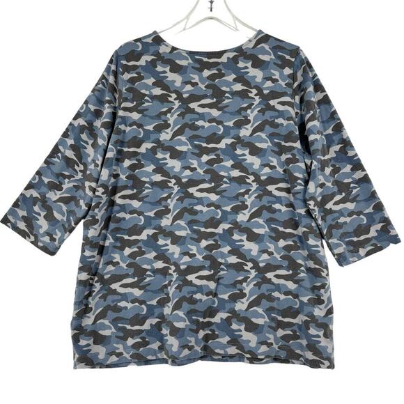 Belle Kim Gravel Pullover Top Size XL Blue Camouflage Zip Neckline Elbow Sleeve - Picture 6 of 10